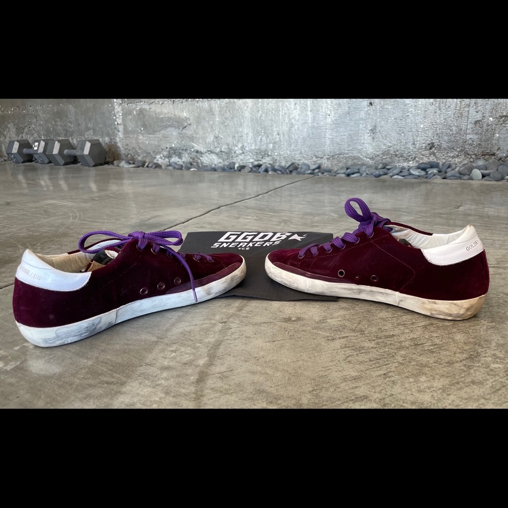 Golden Goose burgundy velvet Super Star sneakers. - Picture 5 of 9